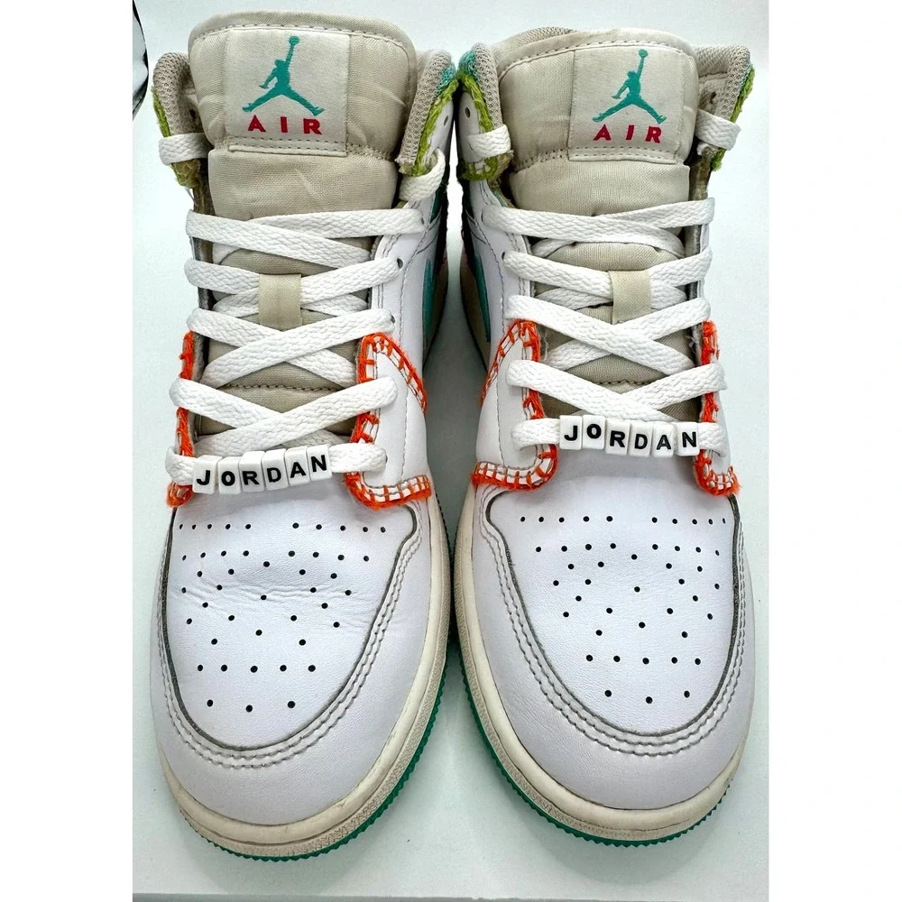 Nike Air Jordan 1 Mid SE Multi Knit White Teal Orange Sneakers Sz 6.5Y/Women 8